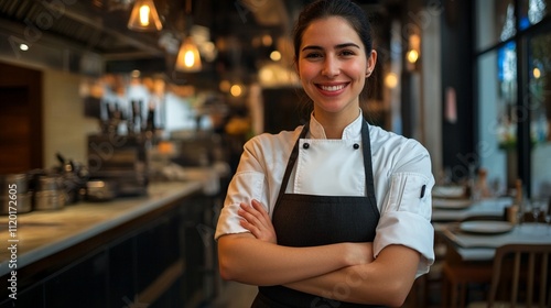 Professional chef in white uniform and black apron standing confidently with crossed arms in modern restaurant kitchen, warm ambient lighting creates welcoming atmosphere.