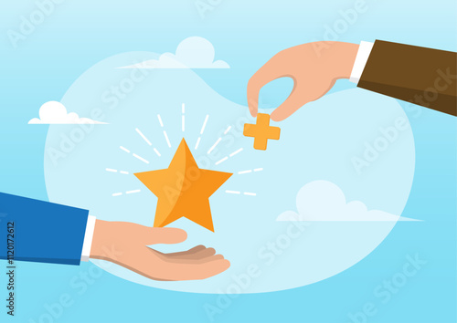 businessman hand holding star value and another added plus sign to it