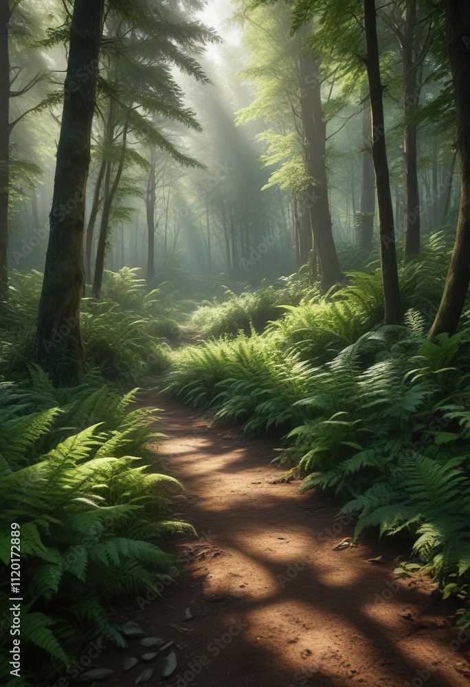 Forest landscape with backlit trees and a carpet of green ferns, tree trunks, forest undergrowth, backlit trees Forest landscape with backlit trees and a carpet of green ferns, tree trunks, forest undergrowth, backlit trees