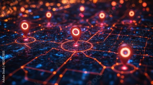 Digital Map Interface with Location Pins and Network Lines Visualization