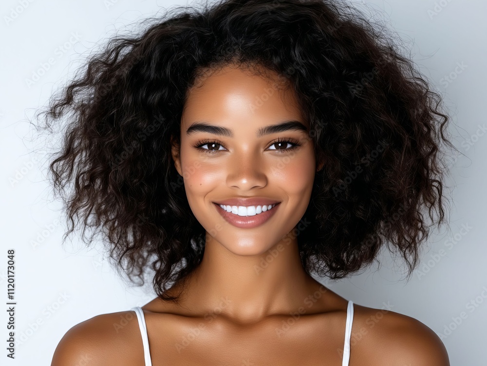 A woman with curly hair smiling at the camera
