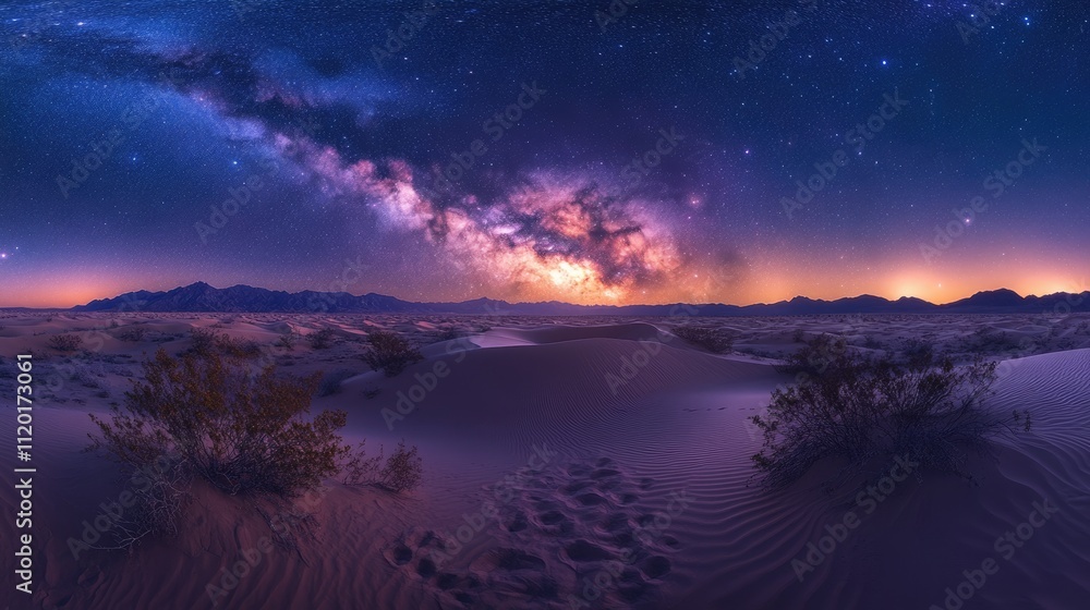 Obraz premium Stunning night sky with the Milky Way over desert dunes and sparse vegetation.