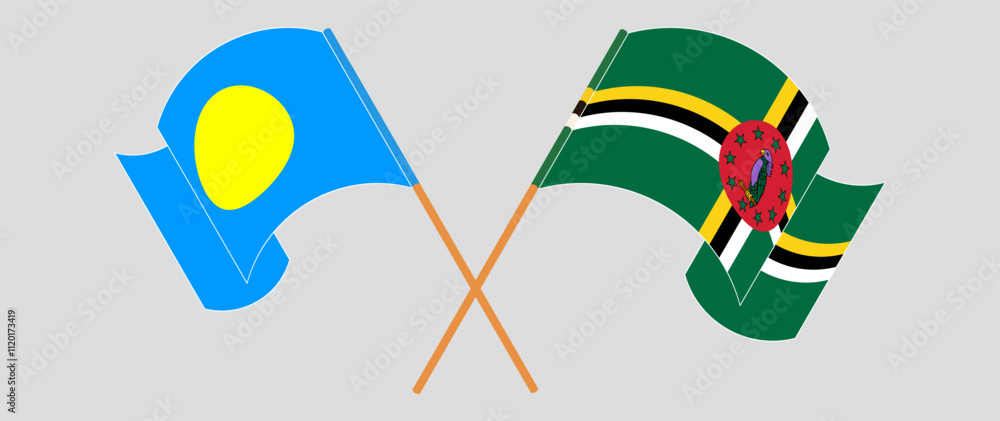 Crossed and waving flags of Palau and Dominica. Vector illustration Crossed and waving flags of Palau and Dominica. Vector illustration