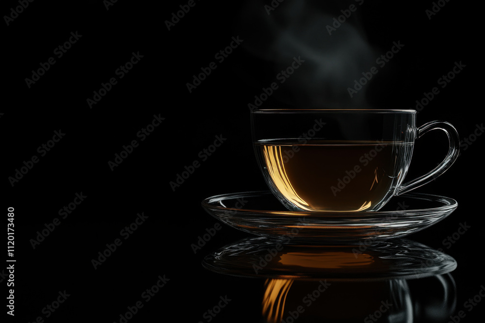 A steaming cup of tea on a reflective surface against a dark background. A steaming cup of tea on a reflective surface against a dark background.