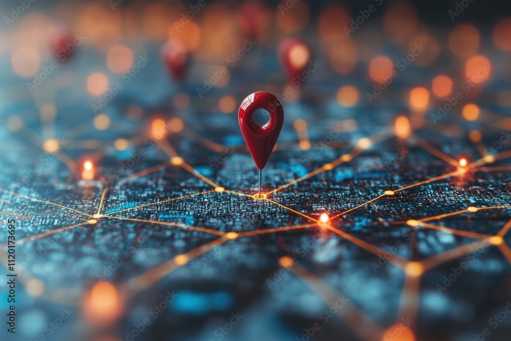 Map with Location Pins Connected by Network Lines in GIS Visualization Map with Location Pins Connected by Network Lines in GIS Visualization