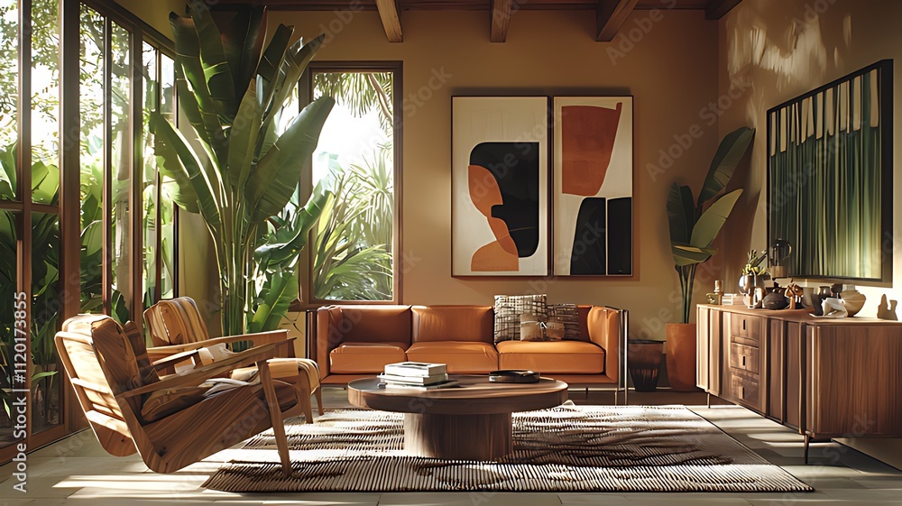 Fototapeta premium Sunlit living room with mid-century modern furniture, plants, and abstract art.