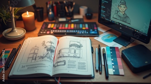 Designer's Desk Flat Lay with Sketchbook and Pens