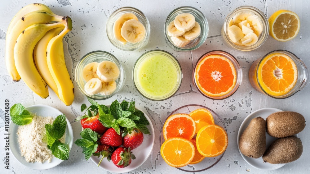 Colorful arrangement of fruits and smoothies on a light background. Colorful arrangement of fruits and smoothies on a light background.