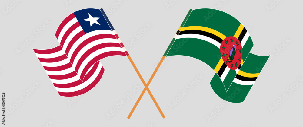 Crossed and waving flags of Liberia and Dominica. Vector illustration Crossed and waving flags of Liberia and Dominica. Vector illustration