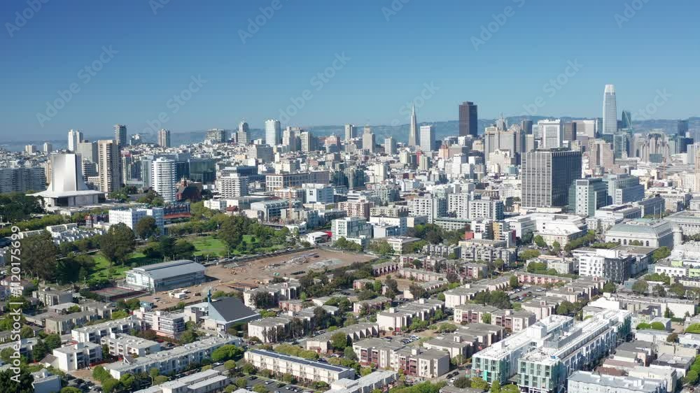 Aerial drone view of San Francisco's urban landscape with construction site
