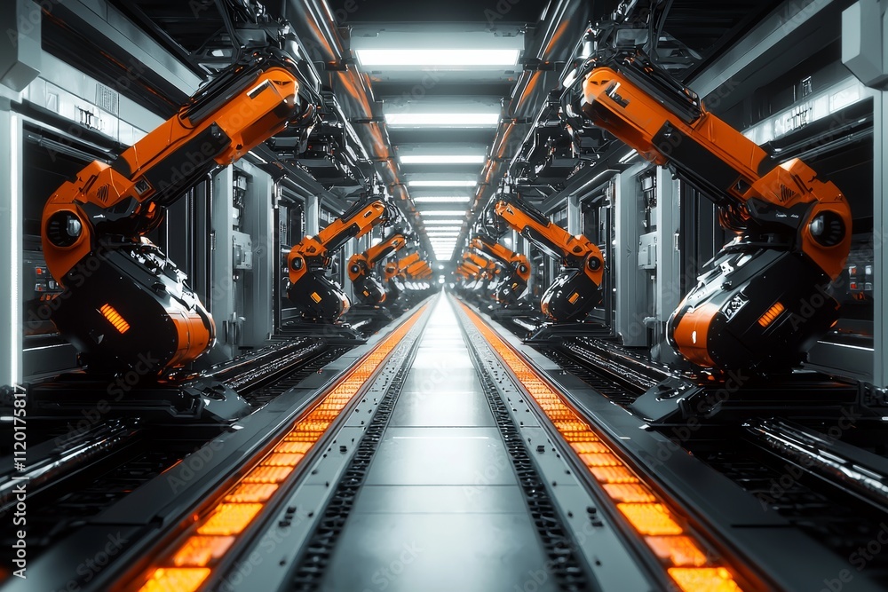 Create a high-tech, futuristic manufacturing facility featuring a row of advanced robotic arms lined up symmetrically on both sides of a conveyor belt Create a high-tech, futuristic manufacturing facility featuring a row of advanced robotic arms lined up symmetrically on both sides of a conveyor belt