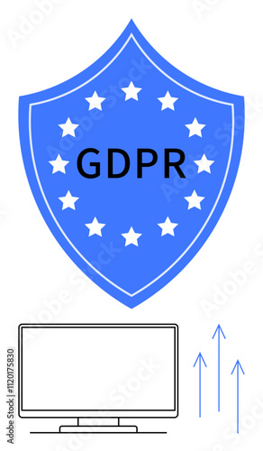 Blue shield with GDPR text and stars, black computer monitor and upward arrows. Ideal for data privacy, cybersecurity, compliance, legal frameworks, digital security, data management, online safety