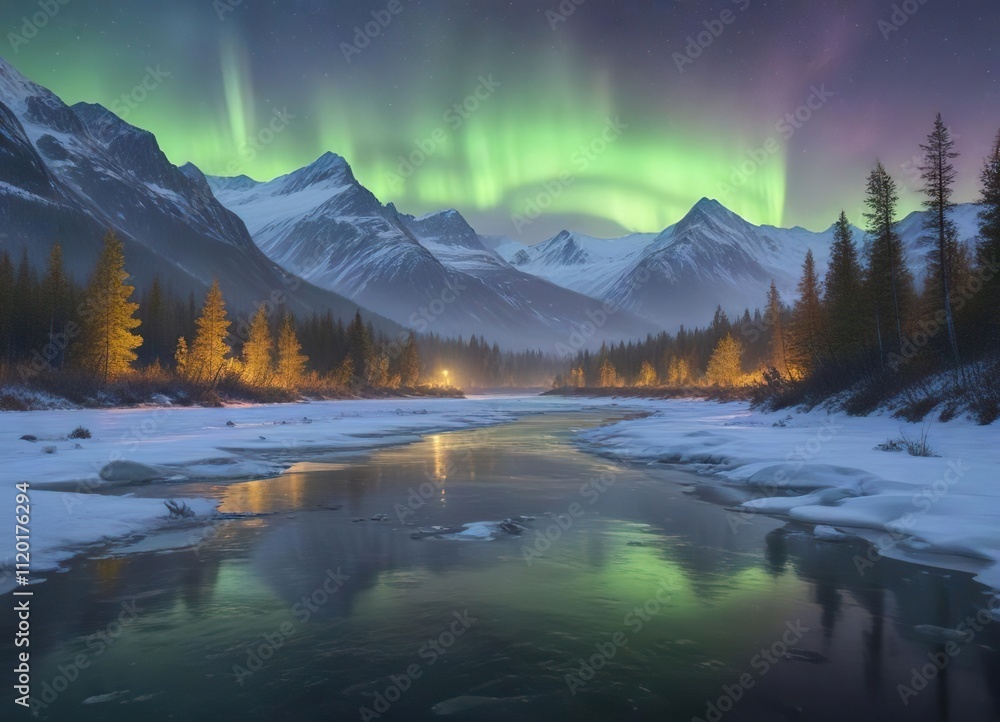 Fototapeta premium Gentle glow of the aurora borealis lights up the misty morning over the frozen Knik River in Alaska , frozen river, nature, aurora borealis