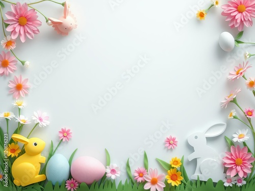 Paper cut design of a charming Easter bunny surrounded by vibrant eggs and blooming flowers, pastel colors, spring