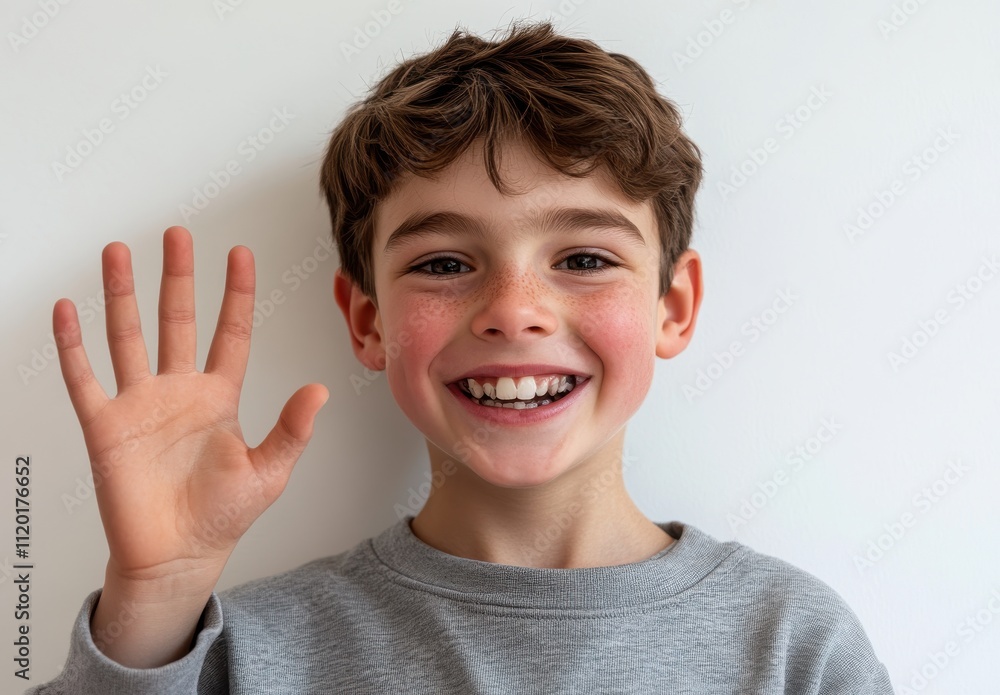 Cheerful boy with brown hair and a gray sweatshirt waving hand and smiling brightly, showcasing a friendly gesture against a clean white background. Cheerful boy with brown hair and a gray sweatshirt waving hand and smiling brightly, showcasing a friendly gesture against a clean white background.