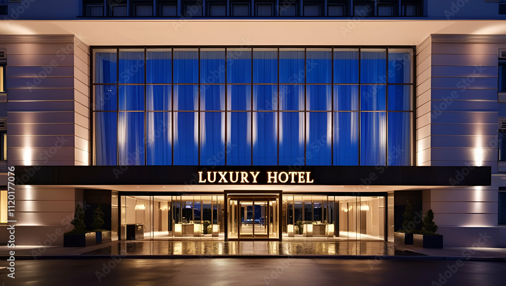 Outdoor front view of luxury hotel building entrance at night illuminated with glowing light text sign. Outdoor front view of luxury hotel building entrance at night illuminated with glowing light text sign.