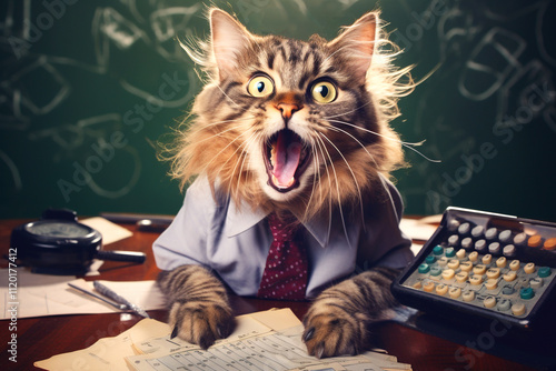 Stress cat. Funny cat businessman and teacher. A humorous concept featuring a stressed businessman or teacher with a cat beside him, symbolizing the challenges of work-life balance photo