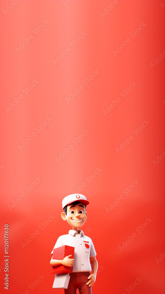 A cartoon-style delivery man in a red uniform, standing next to a courier van. The image is framed vertically with ample copy space, ideal for logistics, delivery, or transportation services