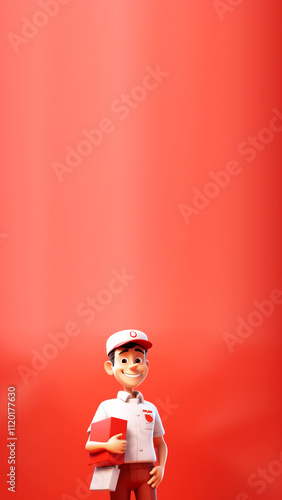 Obraz na płótnie A cartoon-style delivery man in a red uniform, standing next to a courier van. The image is framed vertically with ample copy space, ideal for logistics, delivery, or transportation services w salonie