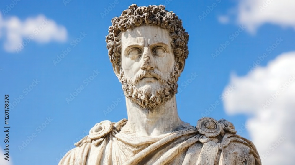 Fototapeta premium A partially intact Roman statue standing against a backdrop of blue skies, its once-polished marble surface now rough and textured by time