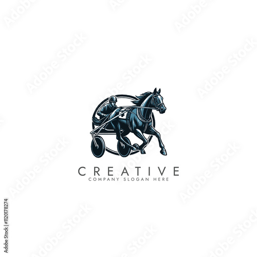 Harness racing horse and chariot, vintage horse racing logo vector design