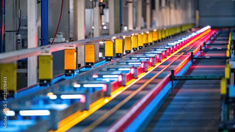 Obraz premium The interior of an assembly line with a row of glimmering robotic painters each equipped with sensors and monitors to ensure quality control.