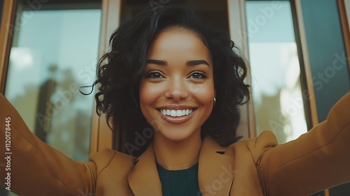 Cheerful woman embracing life outdoor setting portrait photography Free Download Cheerful woman embracing life outdoor setting portrait photography - GFXLoad