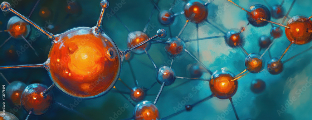 Glowing orange atoms connected by bonds float against a vivid blue background, representing molecular structures often studied in chemistry and physics. Glowing orange atoms connected by bonds float against a vivid blue background, representing molecular structures often studied in chemistry and physics.