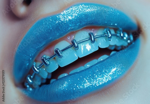 Close-up of lips with blue glitter lipstick and metallic dental braces, highlighting a unique and creative beauty concept for modern fashion and dental aesthetics photo