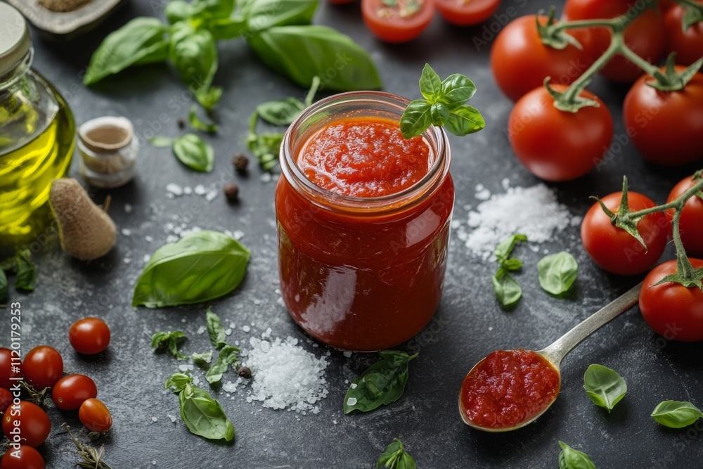 Tomato sauce in a glass jar, tomatoes, olive oil, salt, pepper and herbs. Fresh red tomato puree and ingredients on a gray concrete stone background. Organic Homemade ketchup, Tomato paste. Top view Tomato sauce in a glass jar, tomatoes, olive oil, salt, pepper and herbs. Fresh red tomato puree and ingredients on a gray concrete stone background. Organic Homemade ketchup, Tomato paste. Top view