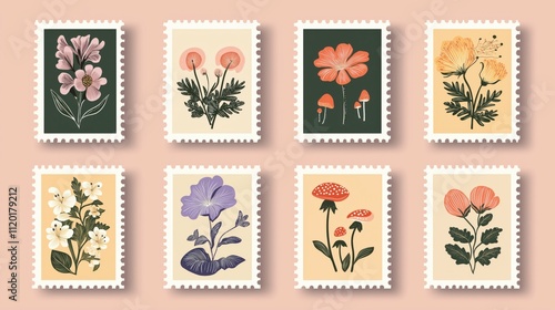 A set of retro postage stamps, floral vintage style.