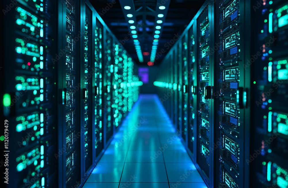 Fototapeta premium Futuristic hi-tech data server room with blue and green lights from rows of server racks