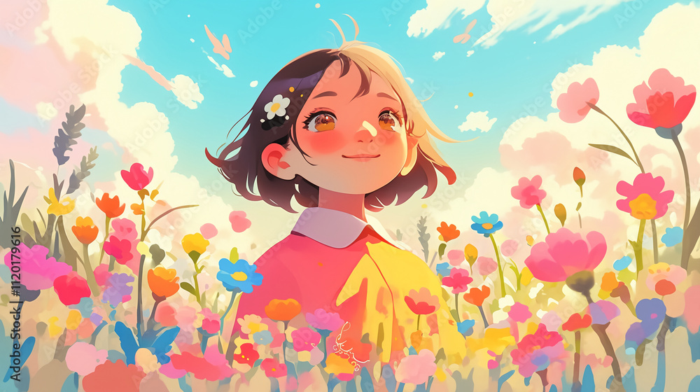 kawaii anime cartoon spring season blooming flower Meadow and mountain forest happy day background kawaii anime cartoon spring season blooming flower Meadow and mountain forest happy day background