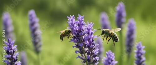 Green metallic sweat bee flying from one lavender flower to another on a green meadow, bees, nectar collection photo