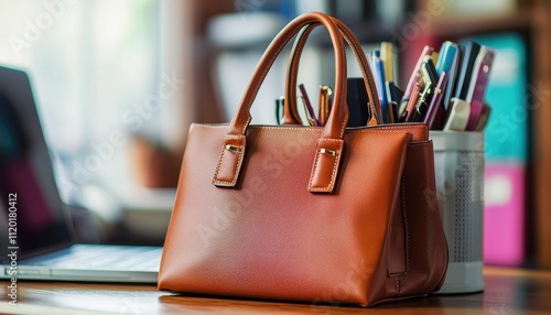 Stylish Close-Up of a Handbag Resting on a Desk with Colorful Pens in the Background