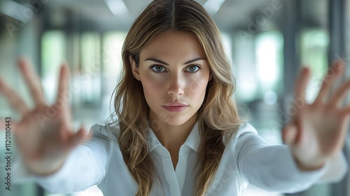 Empowered woman reaching out modern office portrait indoor close-up