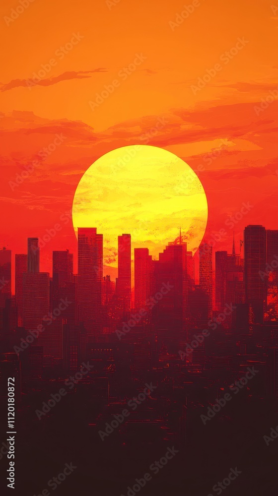 Fototapeta premium City Skyline Sunset Fiery Orange Sun Glowing