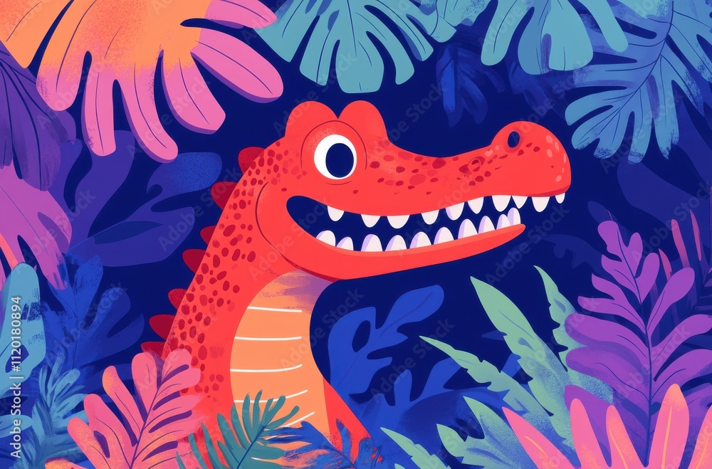 Colorful and Playful Cartoon Dinosaur Surrounded by Vibrant Tropical Leaves in a Whimsical Jungle Setting Colorful and Playful Cartoon Dinosaur Surrounded by Vibrant Tropical Leaves in a Whimsical Jungle Setting