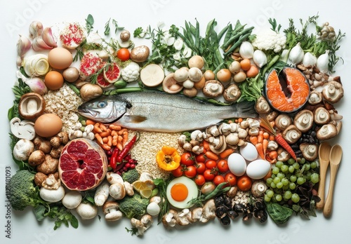Colorful Arrangement of Fresh Ingredients Featuring Fish, Vegetables, Fruits, and Herbs Perfect for Healthy Cooking and Culinary Inspiration