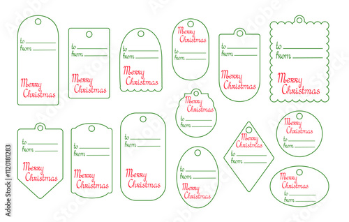 Christmas gifts tags set hand drawn cartoon vector illustration, collection of printable festive templates, winter holiday labels seasonal events decor for Advent Calendar