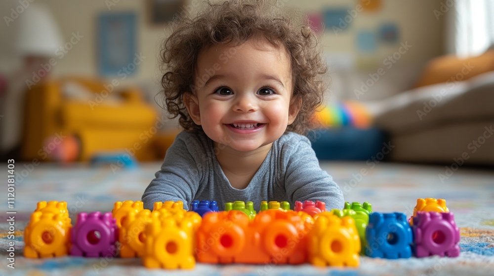 A cheerful baby is engaged in playtime, smiling widely while surrounded by vibrant plastic building blocks on a soft rug. The warm ambiance highlights a joyful afternoon. A cheerful baby is engaged in playtime, smiling widely while surrounded by vibrant plastic building blocks on a soft rug. The warm ambiance highlights a joyful afternoon.