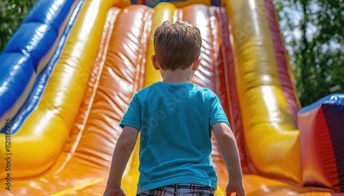 Boy Standing in Front of a Giant Inflatable Slide on a Bright Sunny Day