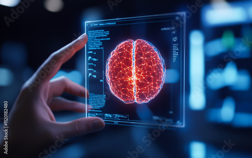 Hand holds transparent screen displaying 3D red wired brain model