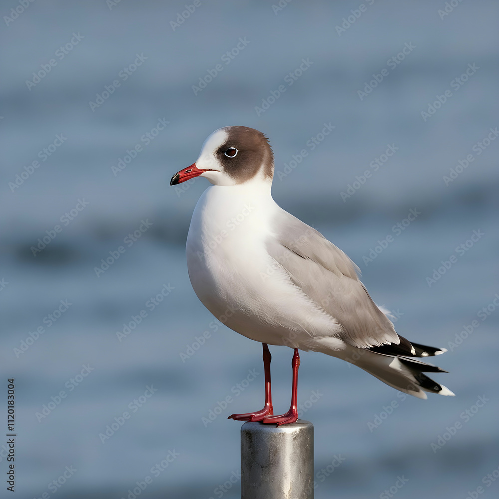 A-black headed gull perched on a metal pole in the blurred background