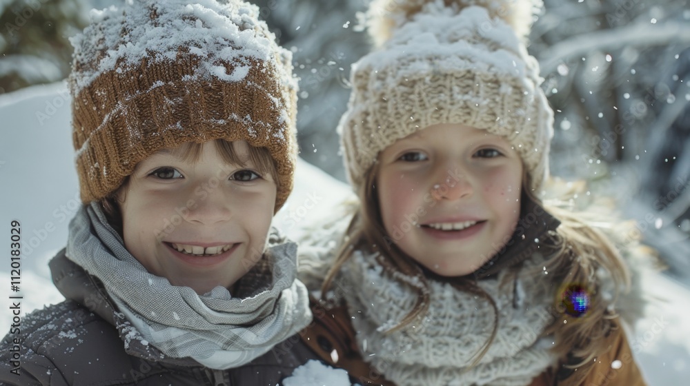 Two children wearing hats and scarves are smiling at the camera. They are standing in the snow, and one of them is holding a snowflake. Scene is cheerful and playful Two children wearing hats and scarves are smiling at the camera. They are standing in the snow, and one of them is holding a snowflake. Scene is cheerful and playful