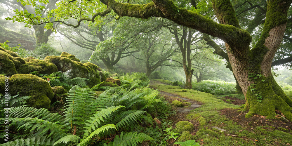 Fototapeta premium The podium is crafted from a section of a tree trunk, showcasing rich textures and organic wood grain patterns. Surrounding the podium are lush green foliage, colorful flowers, and gentle sunlight.