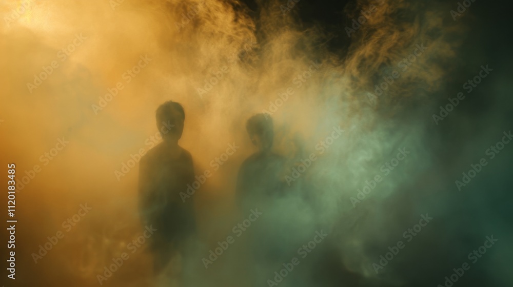 Fototapeta premium Two people are standing in a foggy, hazy environment. The atmosphere is mysterious and eerie, with the smoke and fog creating a sense of unease. The two figures are silhouetted against the backdrop