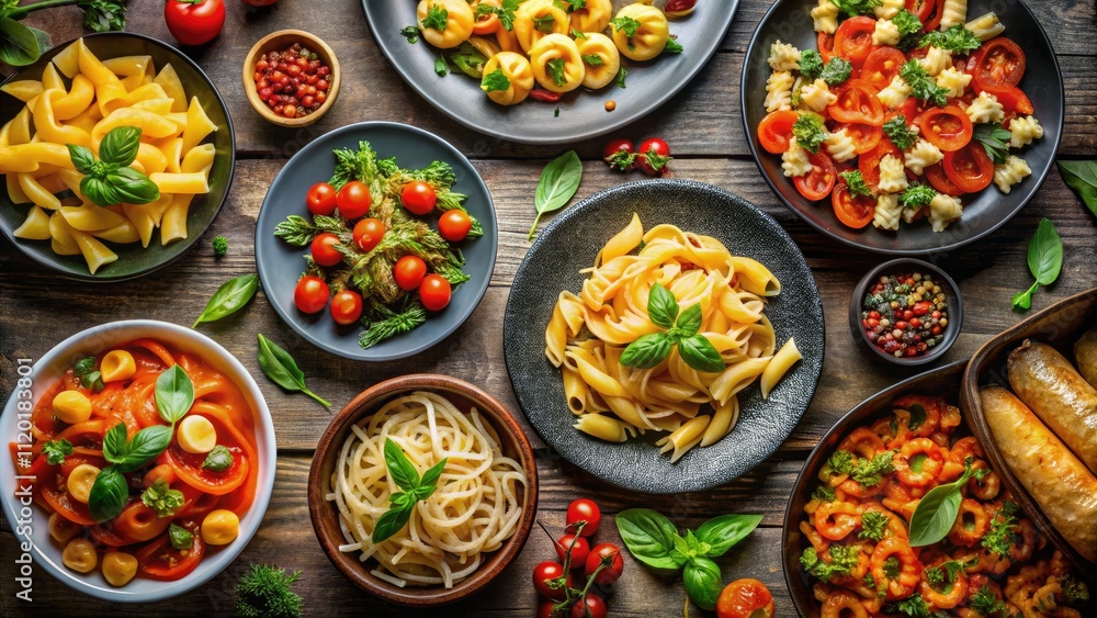 Delicious Pasta Dishes: Top View Cooked Pasta Plate Photography Delicious Pasta Dishes: Top View Cooked Pasta Plate Photography