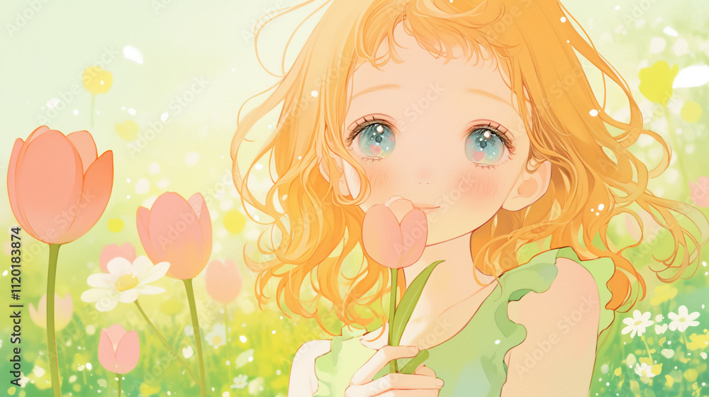kawaii anime cartoon spring season blooming flower Meadow and mountain forest happy day background kawaii anime cartoon spring season blooming flower Meadow and mountain forest happy day background
