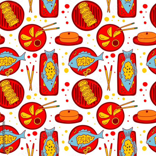 Lunar New Year Seamless Pattern. Traditional Chinese meals. Endless Ornament. Dumplings, fish, rice cake, isolated on a white background. Wallpapers, backgrounds, print, textile, packaging, papers